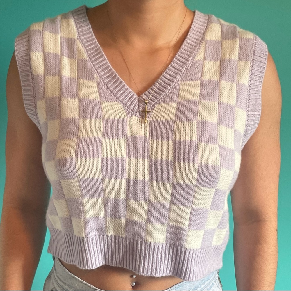Purple and White Checkered Cropped Sweater